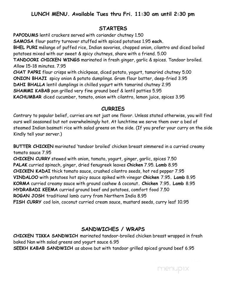 Bombay Curry Company - Alexandria, VA menu_pic