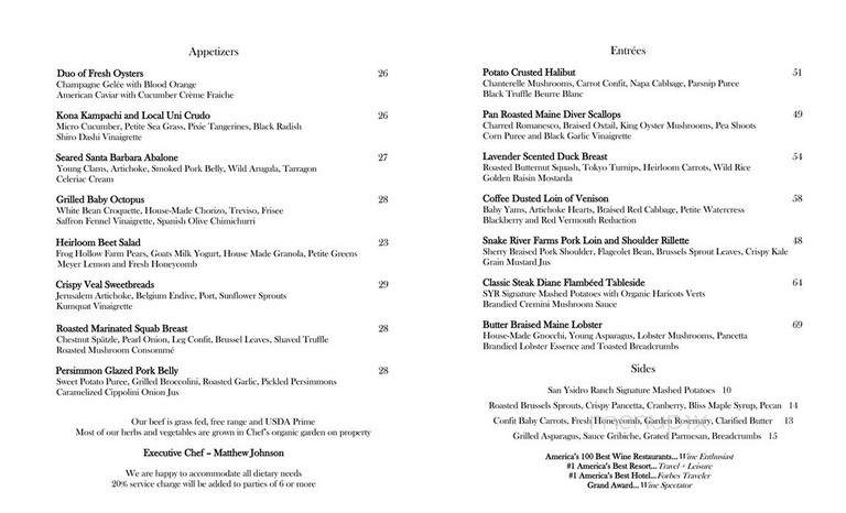 Stonehouse at San Ysidro Ranch - Santa Barbara, CA menu_pic