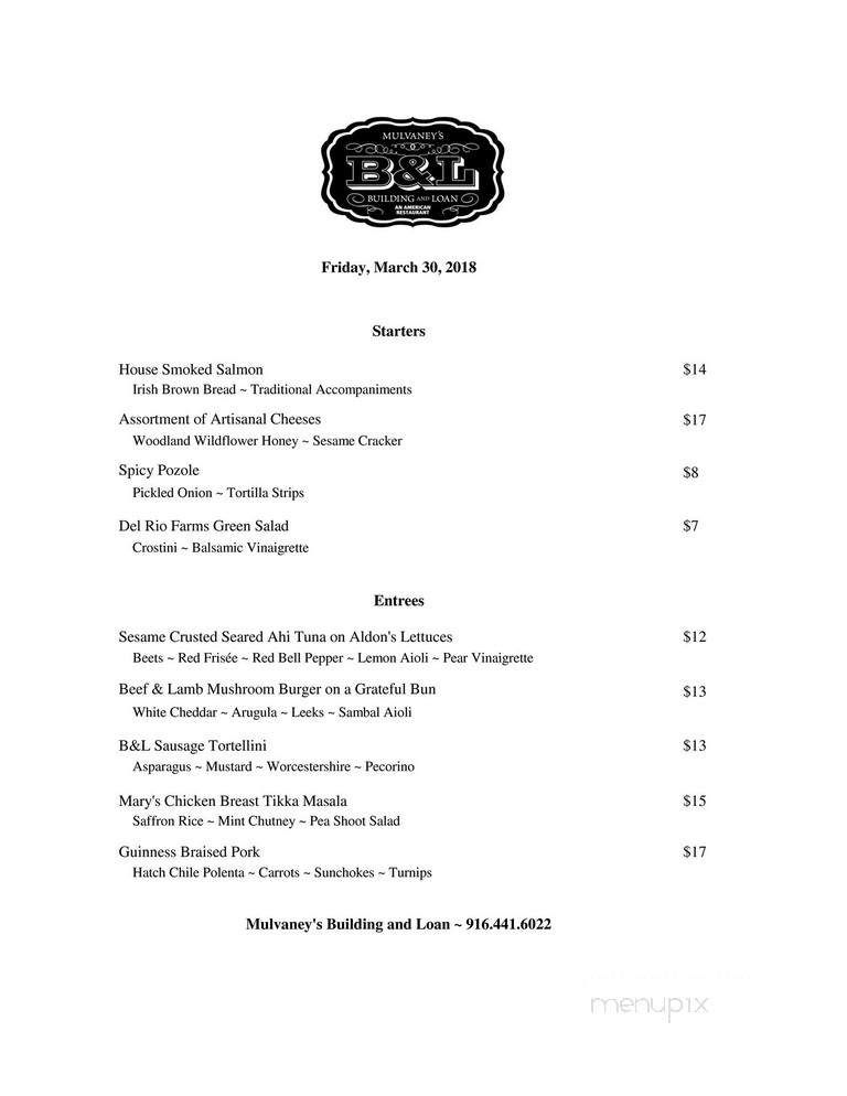 Mulvaney's B&L - Sacramento, CA menu_pic