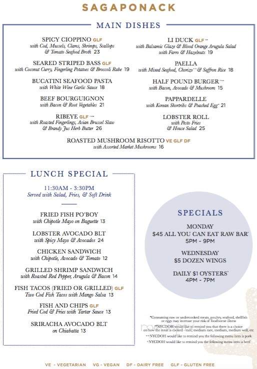Sagaponack Bar & Grill - New York, NY menu_pic