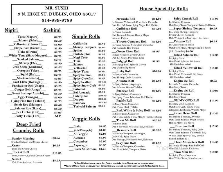 Mr sushi menu deals