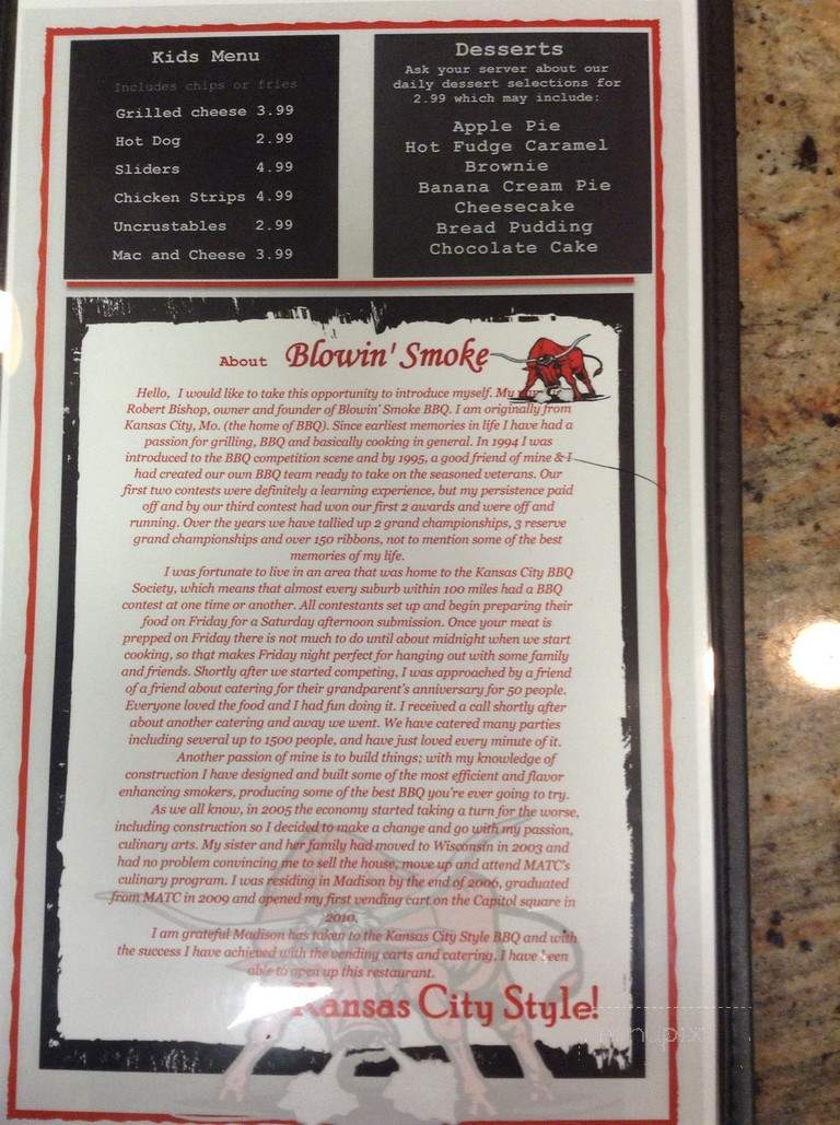 Blowin' Smoke Food Cart - Madison, WI menu_pic