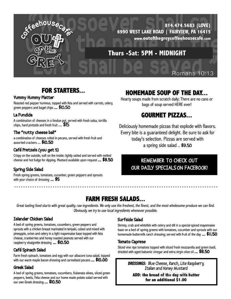 Out of the Grey Coffeehousecafe - Fairview, PA menu_pic