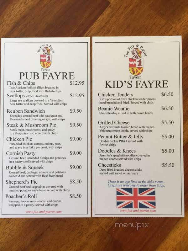 The Fox and Parrot - Gatlinburg, TN menu_pic