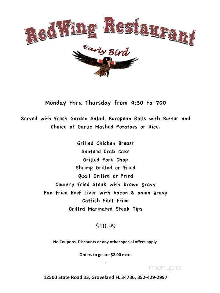 Menu of Red Wing Restaurant in Groveland, FL 34736