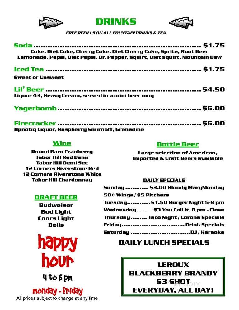 Arrowhead Bar Grill - Hartford, MI menu_pic