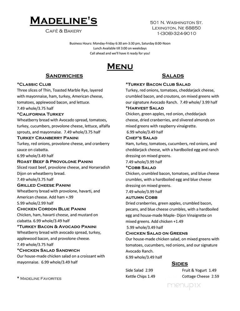 Madaline's Cafe Bakery - Lexington, NE menu_pic