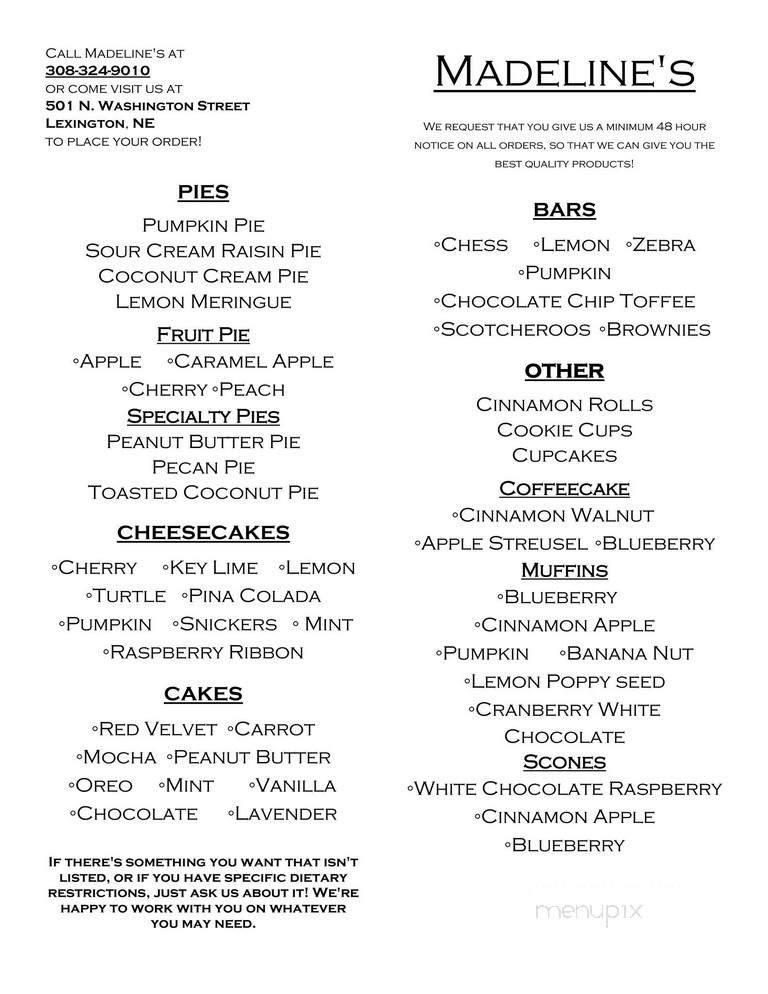 Madaline's Cafe Bakery - Lexington, NE menu_pic