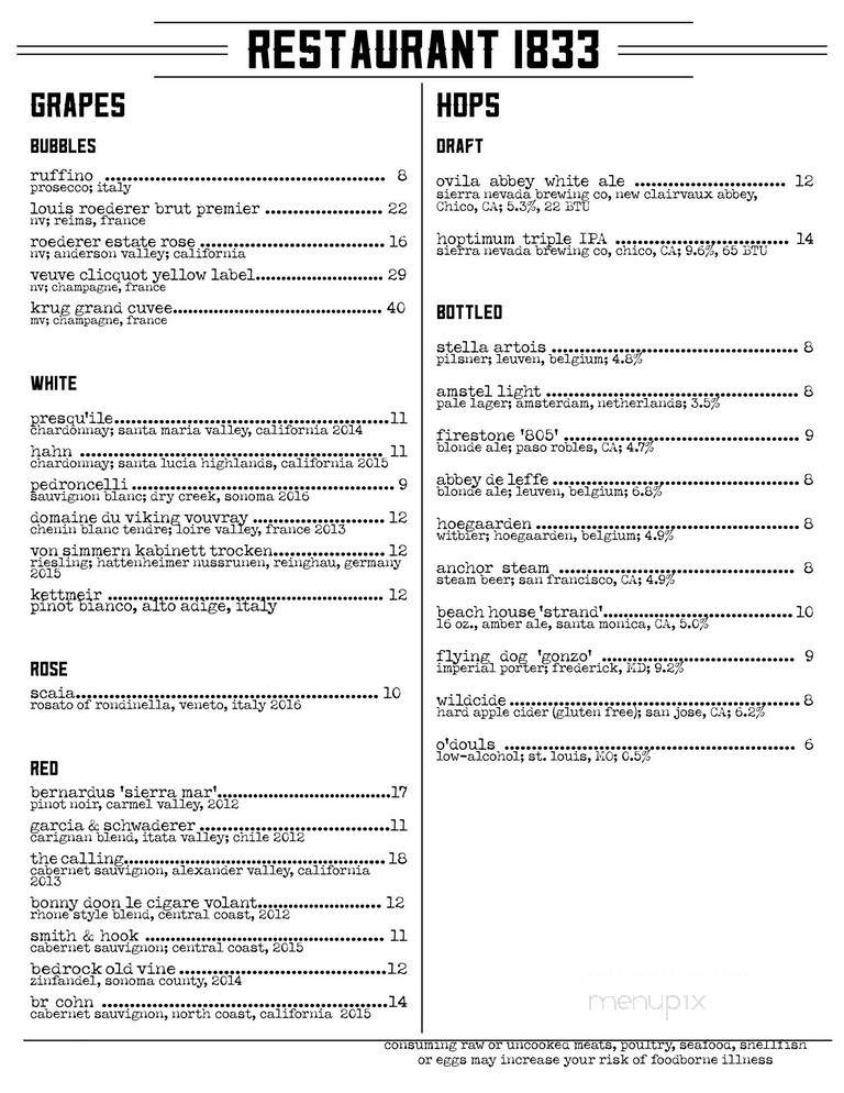 Restaurant 1833 - Monterey, CA menu_pic