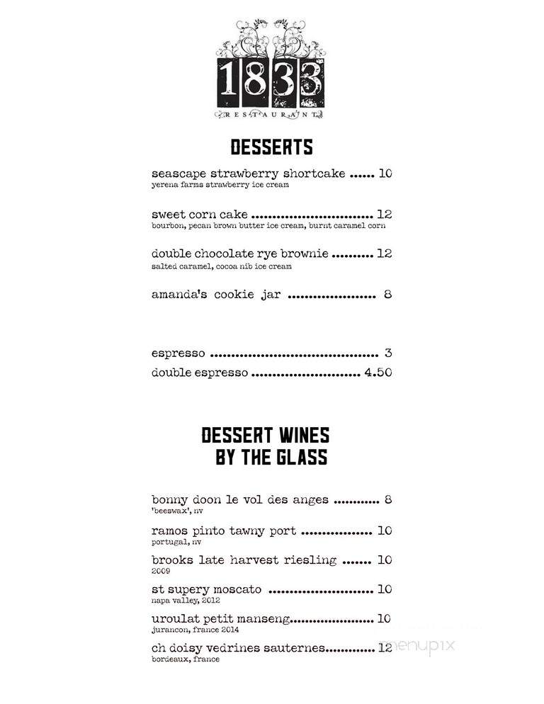 Restaurant 1833 - Monterey, CA menu_pic