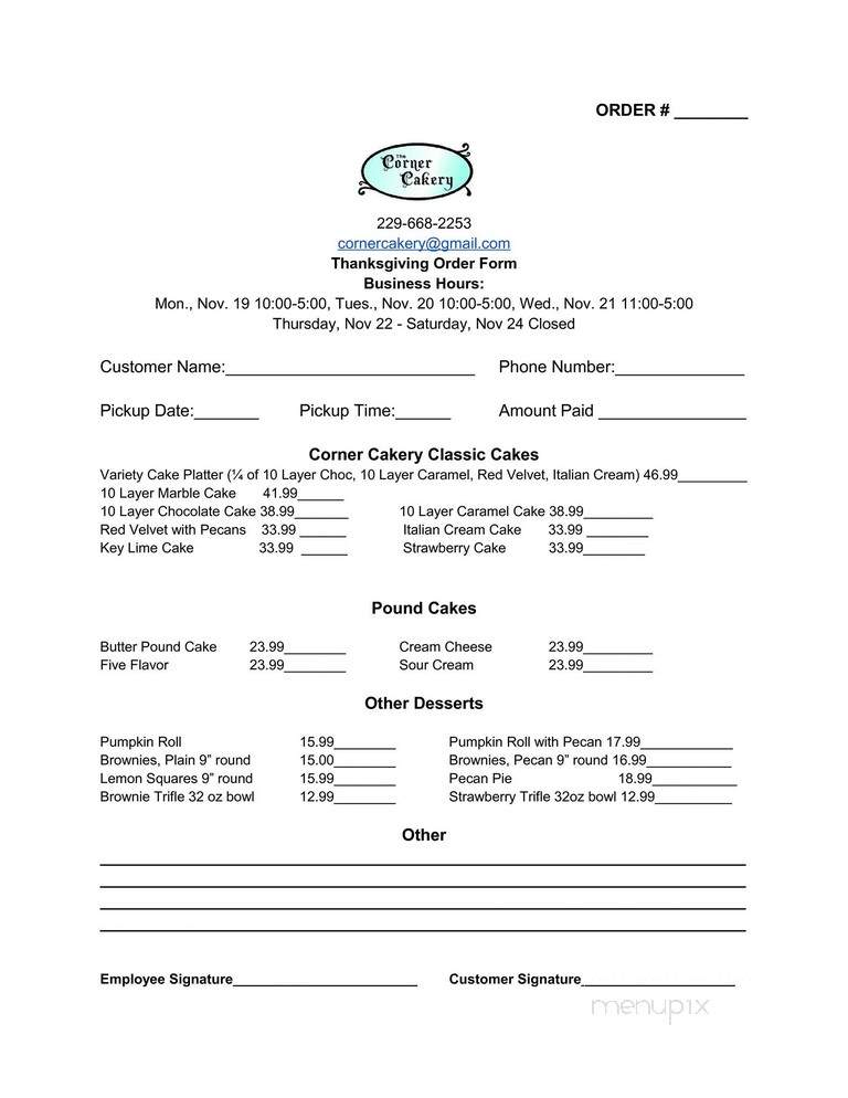 Corner Cakery - Moultrie, GA menu_pic