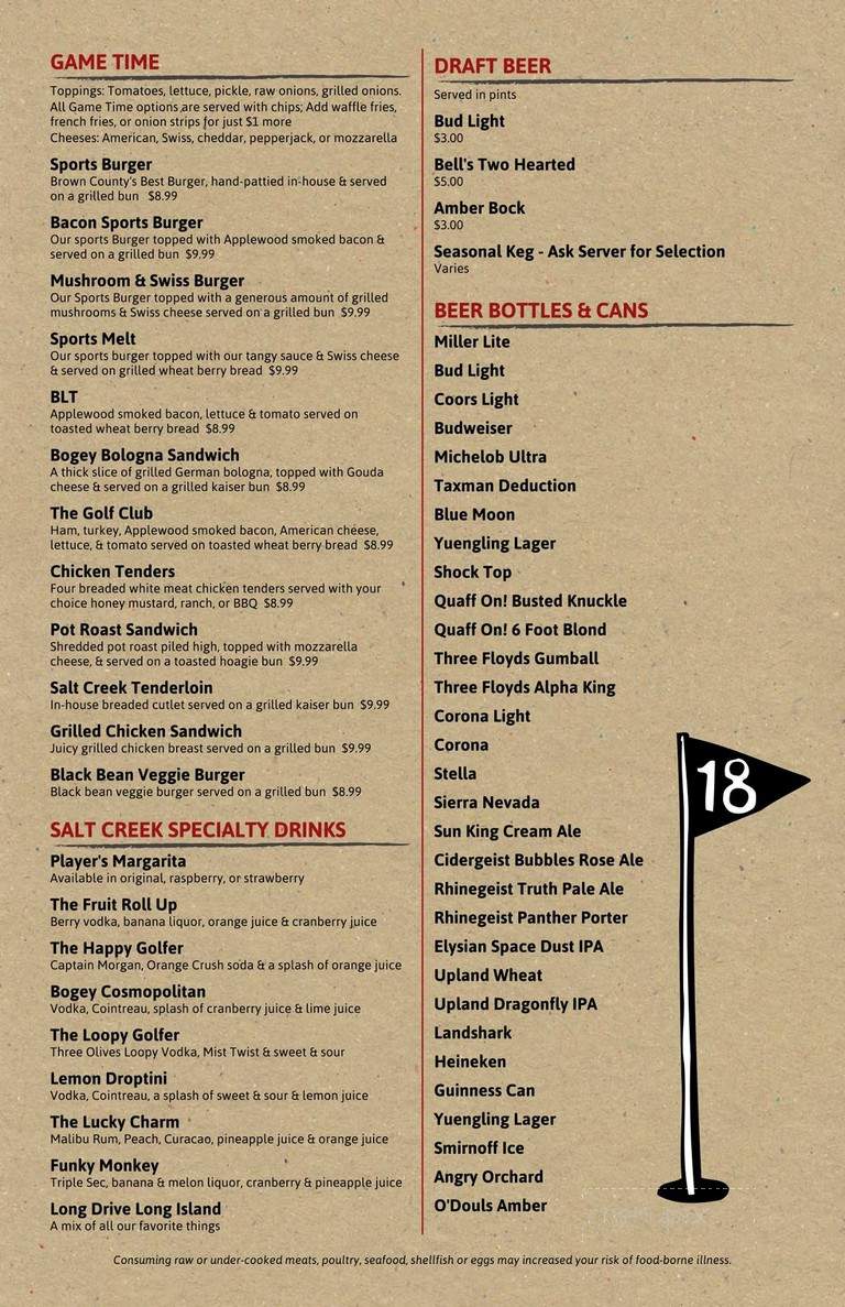The 19th Hole Sports Bar Grille at Salt Creek Gol... - Nashville, IN menu_pic