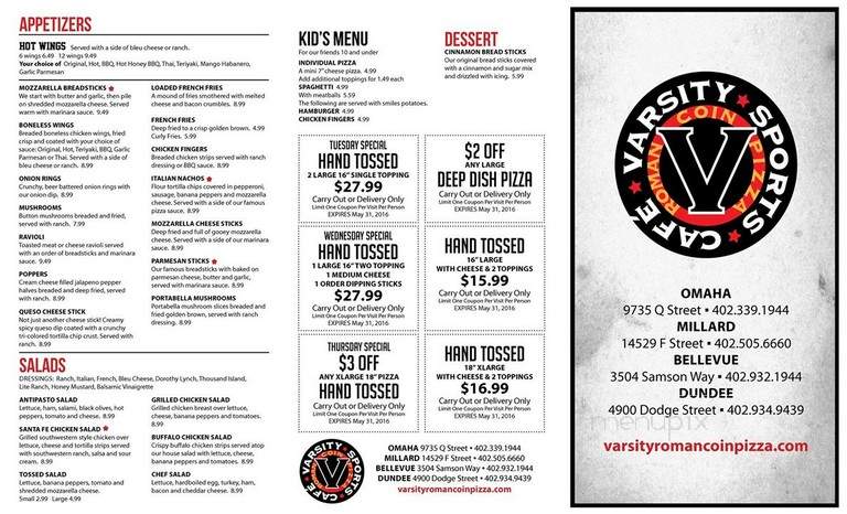 Varsity Sports Cafe and Roman Coin Pizza - Omaha, NE menu_pic