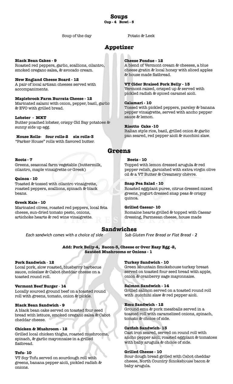 Roots the Restaurant - Rutland, VT menu_pic