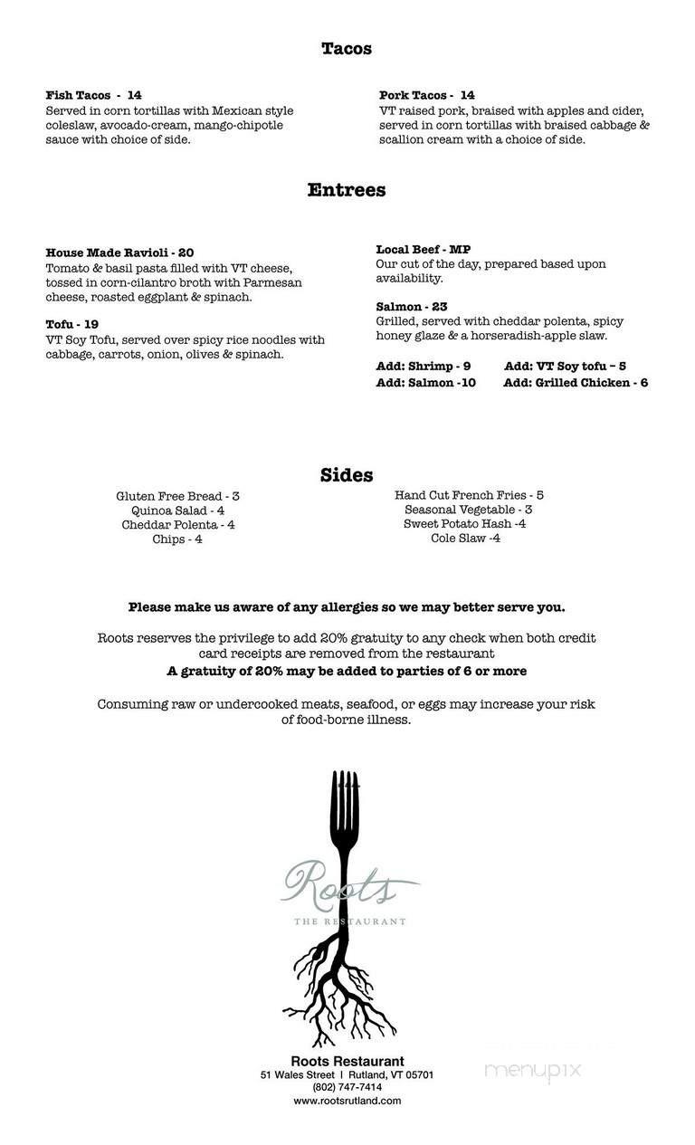 Roots the Restaurant - Rutland, VT menu_pic