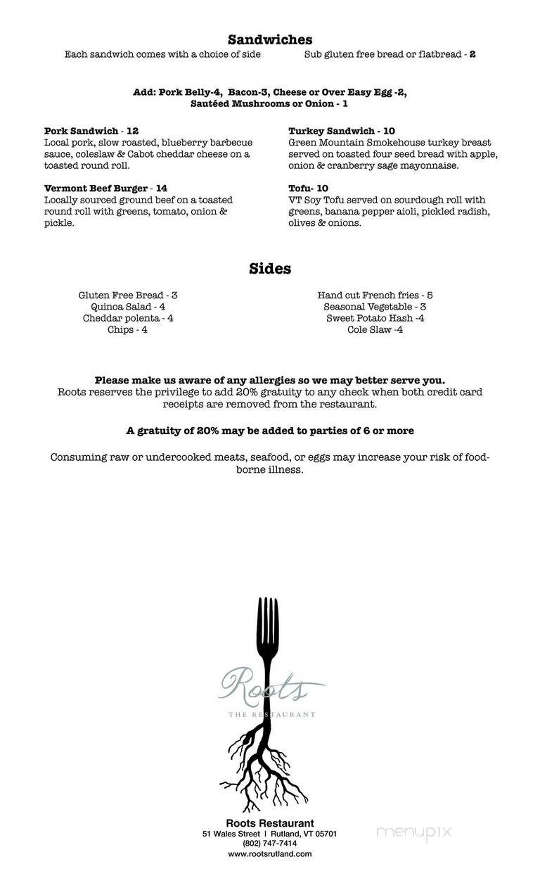 Roots the Restaurant - Rutland, VT menu_pic