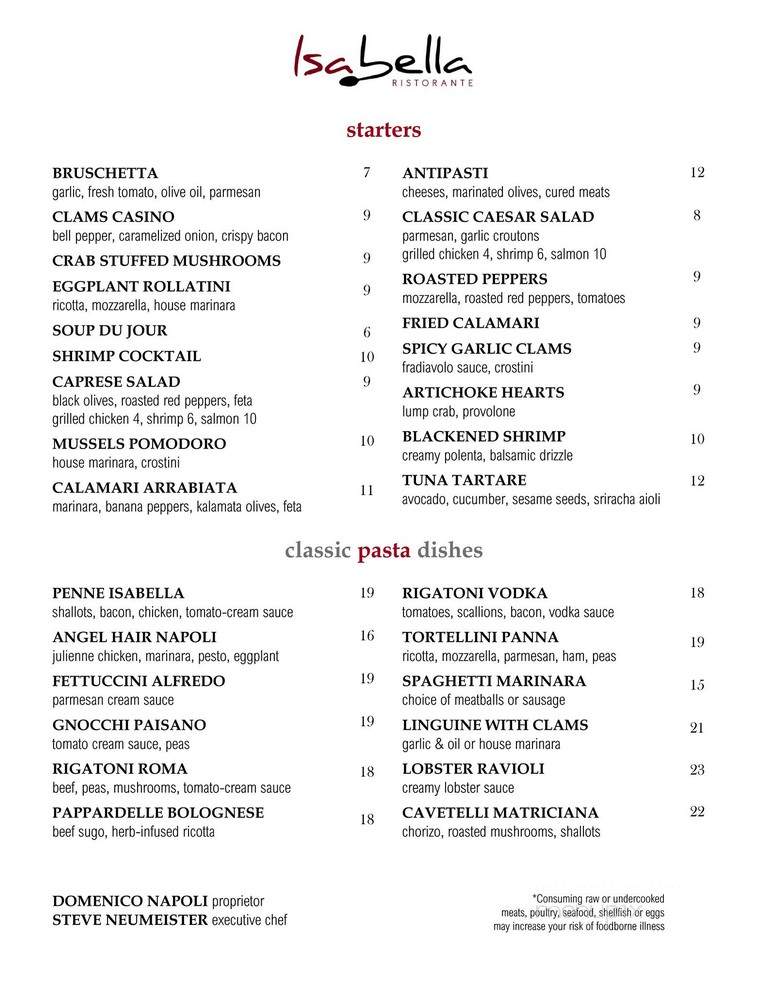 Isabella Restaurant and Cocktail Loynge - Selinsgrove, PA menu_pic