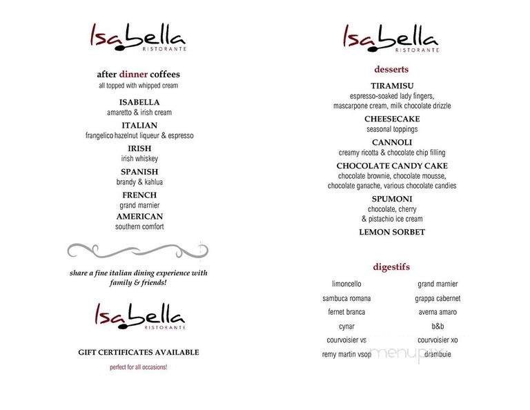 Isabella Restaurant and Cocktail Loynge - Selinsgrove, PA menu_pic