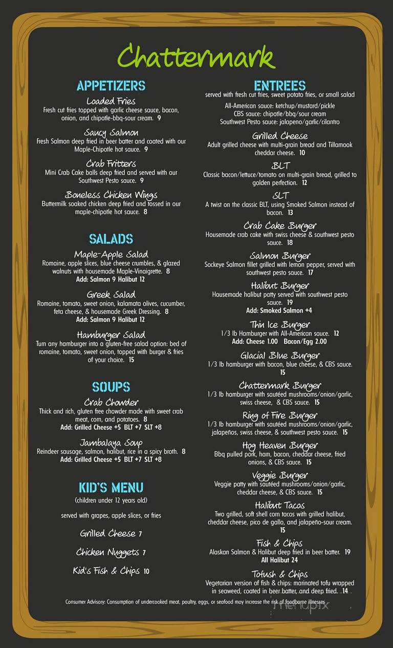 Chattermark - Seward, AK menu_pic
