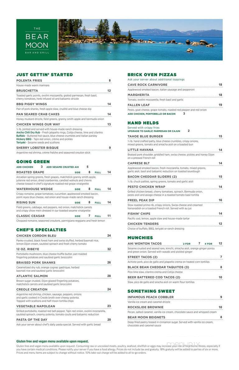 Online Menu of Bear Moon Bar Grill, South Lake Tahoe, CA