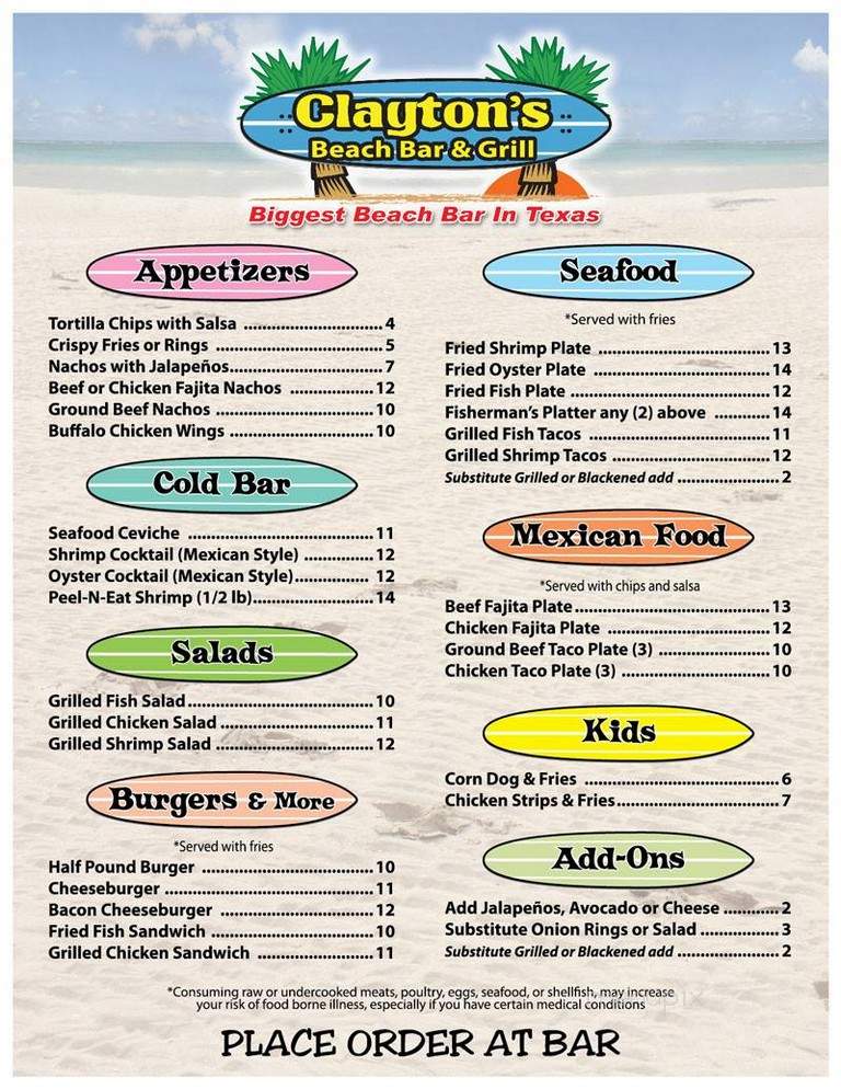 Clayton's Beach Bar Grill - South Padre Island, TX menu_pic