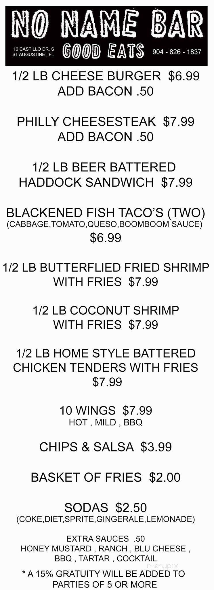 No Name Bar Grill - St Augustine, FL menu_pic