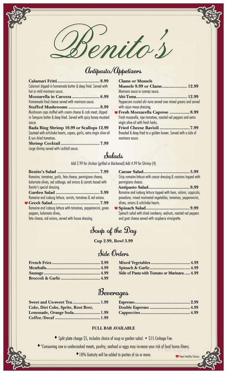 Benito's Italian Cafe Pizzeria - St Augustine, FL menu_pic