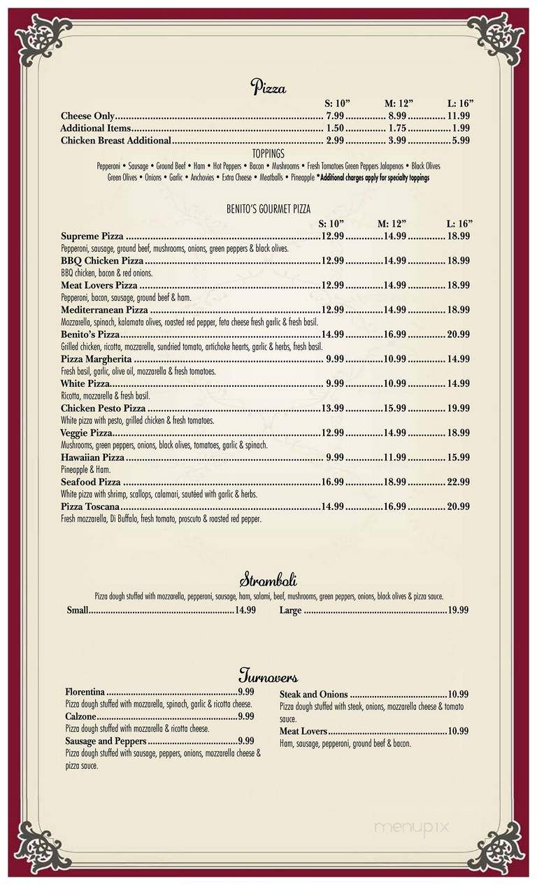 Benito's Italian Cafe Pizzeria - St Augustine, FL menu_pic