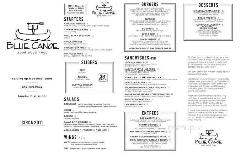 Blue Canoe - Tupelo, MS menu_pic