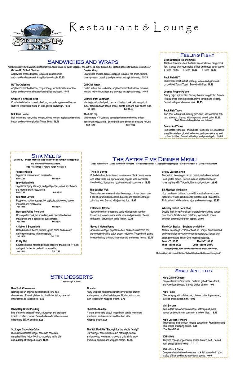 The Stik Restaurant Bar - Wrangell, AK menu_pic