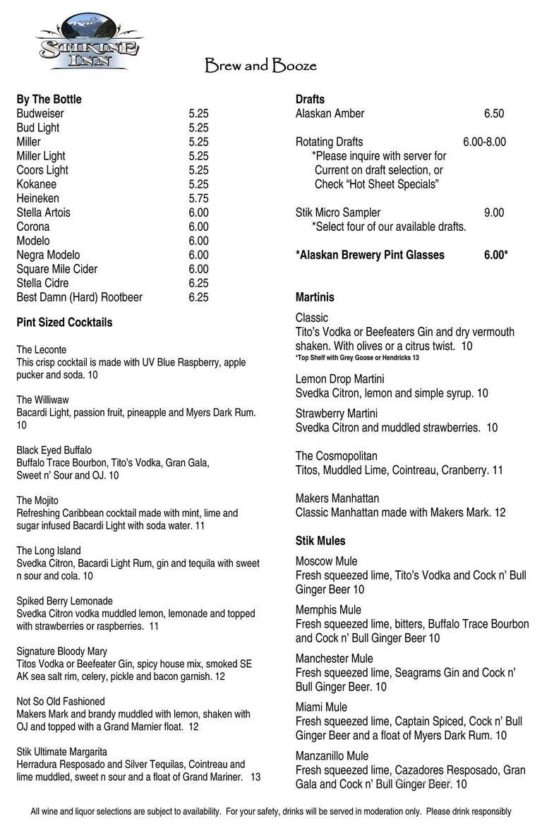 The Stik Restaurant Bar - Wrangell, AK menu_pic