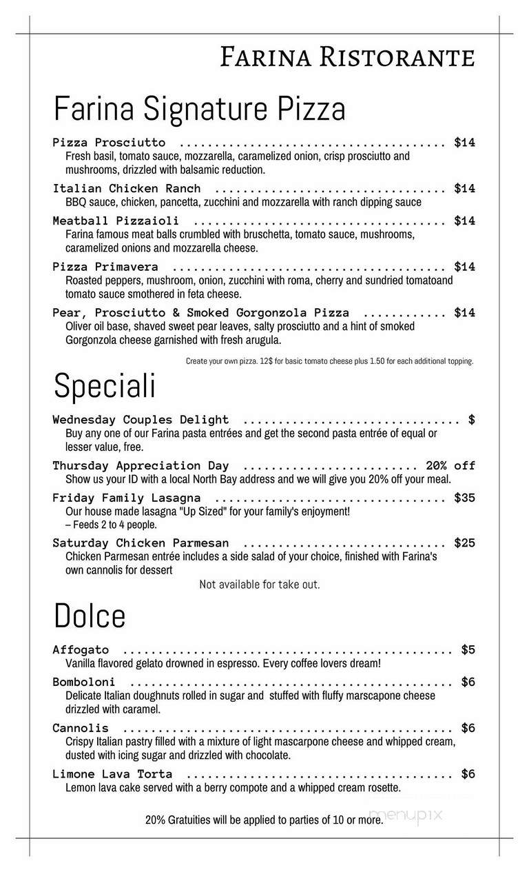 FARINA Ristorante - North Bay, ON menu_pic