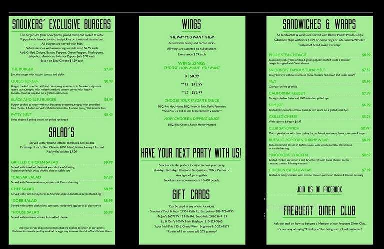 Snookers' Pool & Pub - Livonia, MI menu_pic