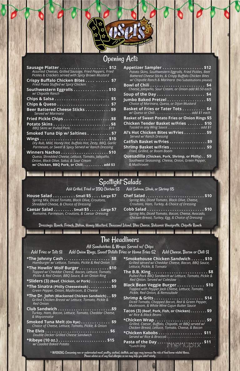 Losers Bar and Grill - Nashville, TN menu_pic