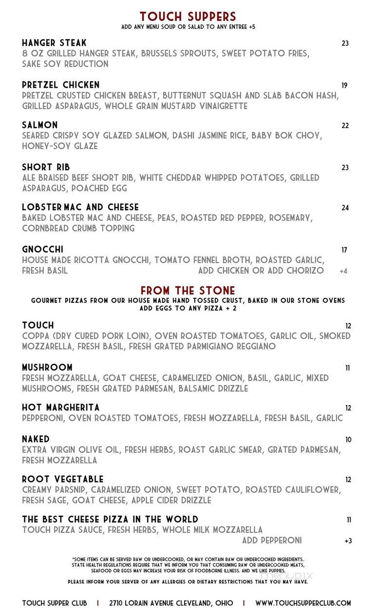 Touch Supper Club - Cleveland, OH menu_pic