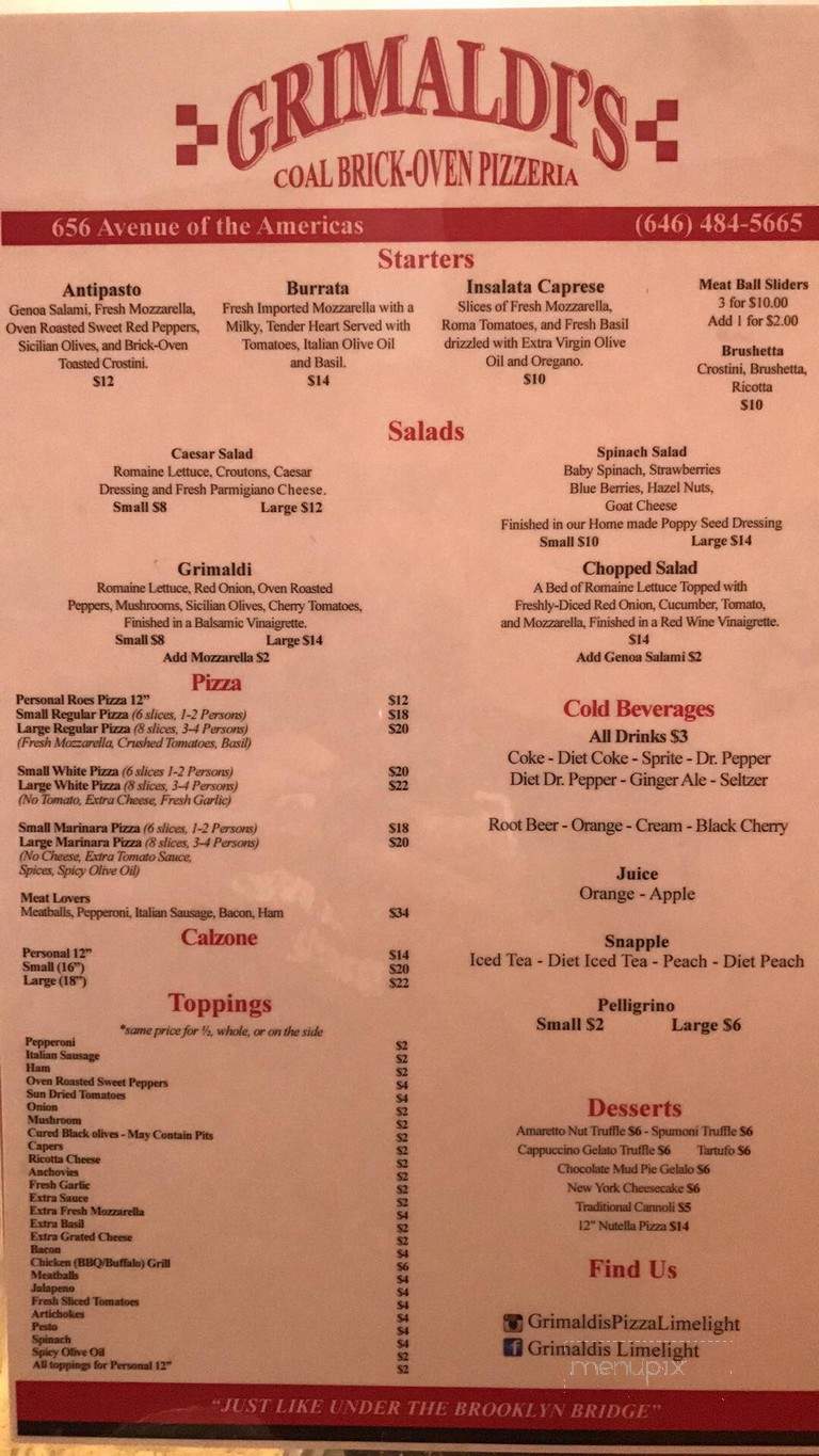 Grimaldis at Limelight Marketplace - New York, NY menu_pic