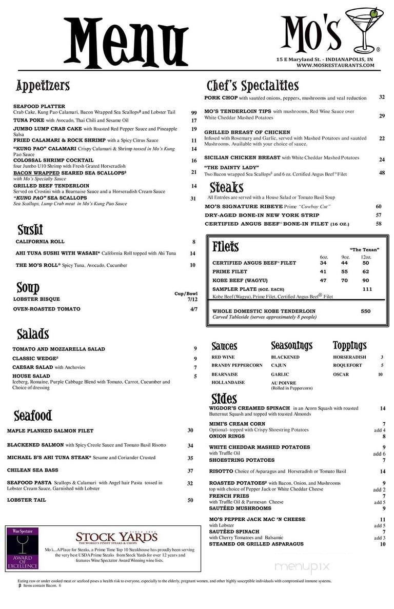 Mos A Place for Steaks - Indianapolis, IN menu_pic