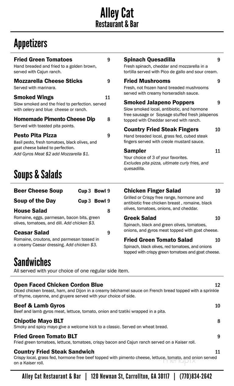 Alley Cat Restaurant and Bar - Carrollton, GA menu_pic