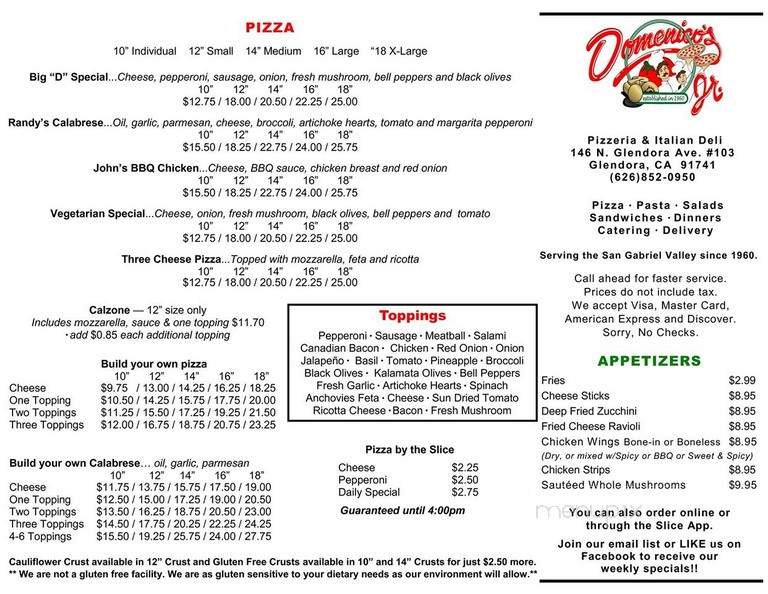 Domenico's Jr - Glendora, CA menu_pic