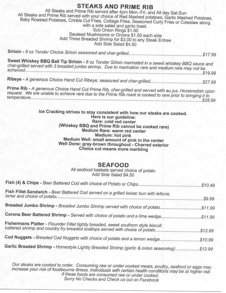 Ice Cracking Lodge - Ponsford, MN menu_pic