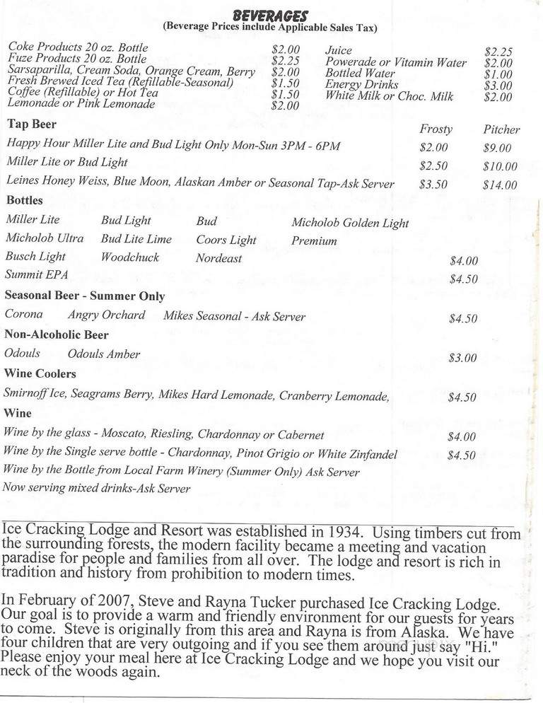 Ice Cracking Lodge - Ponsford, MN menu_pic