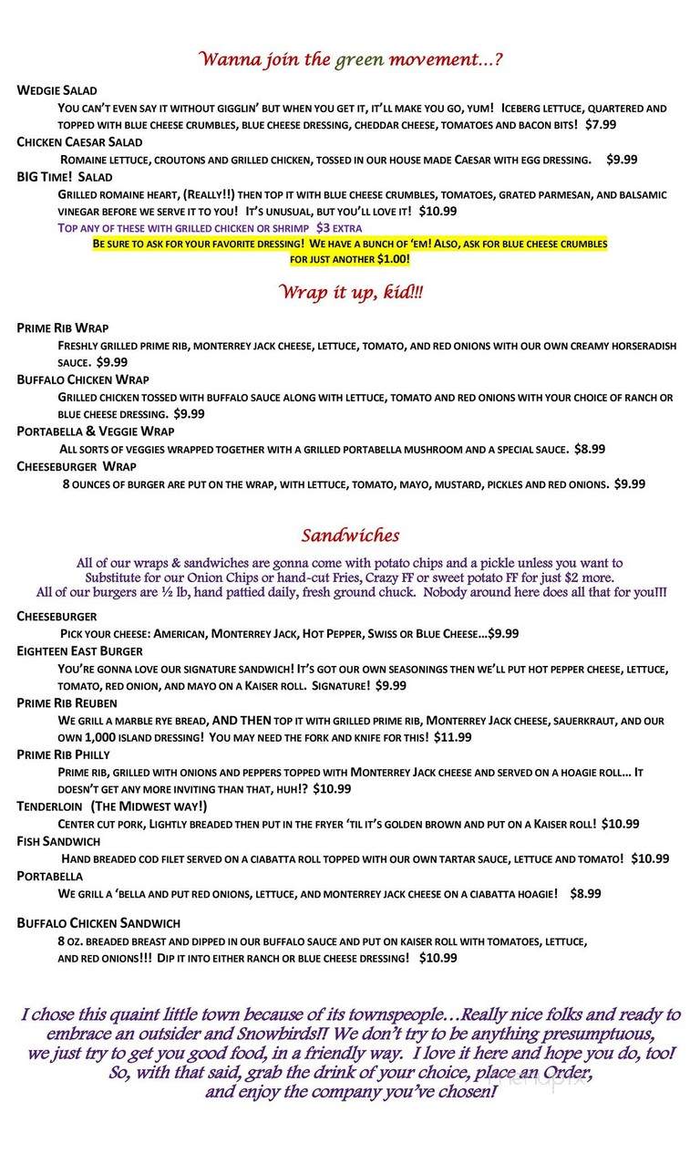 18 East Restaurant - Sebring, FL menu_pic
