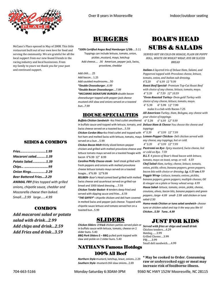 McCann's Place - Mooresville, NC menu_pic