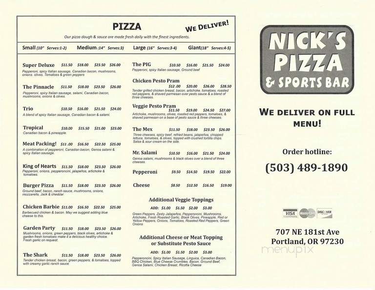 Nick's Pizza and Sports Bar - Portland, OR menu_pic