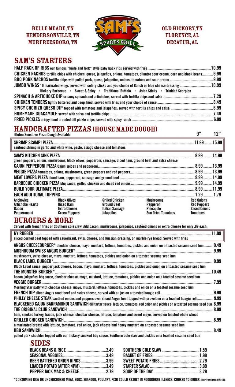 Sam's All American Sport's Grill - Murfreesboro, TN menu_pic