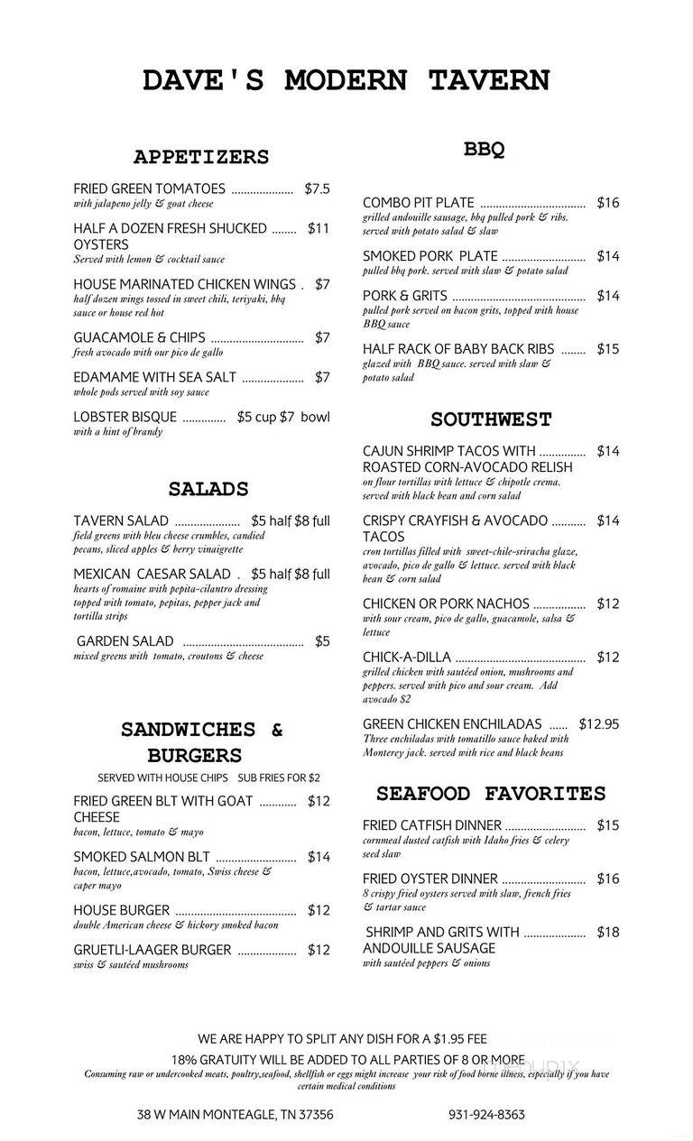 Dave's Modern Tavern - Monteagle, TN menu_pic