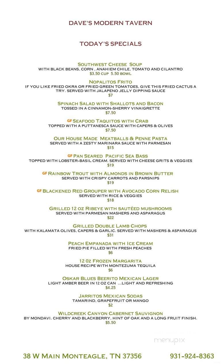 Dave's Modern Tavern - Monteagle, TN menu_pic