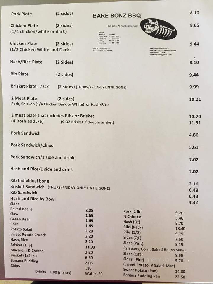 Bare Bonz BBQ - Greenwood, SC menu_pic