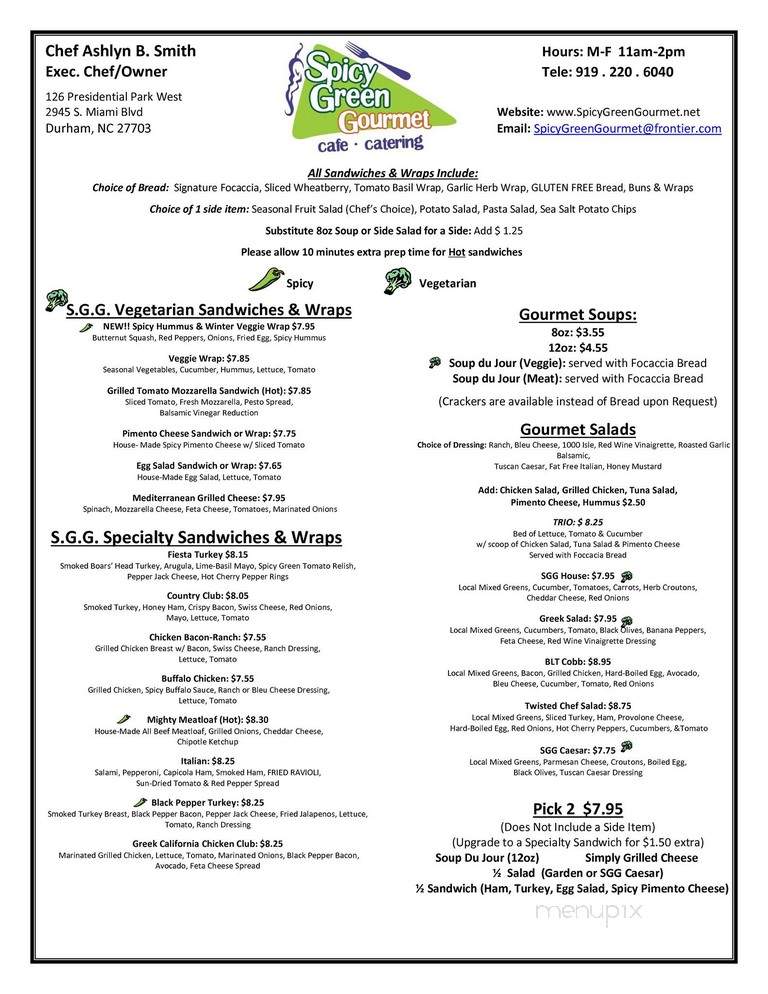 Menu Of Spicy Green Gourmet Cafe And Catering In Durham Nc 27703