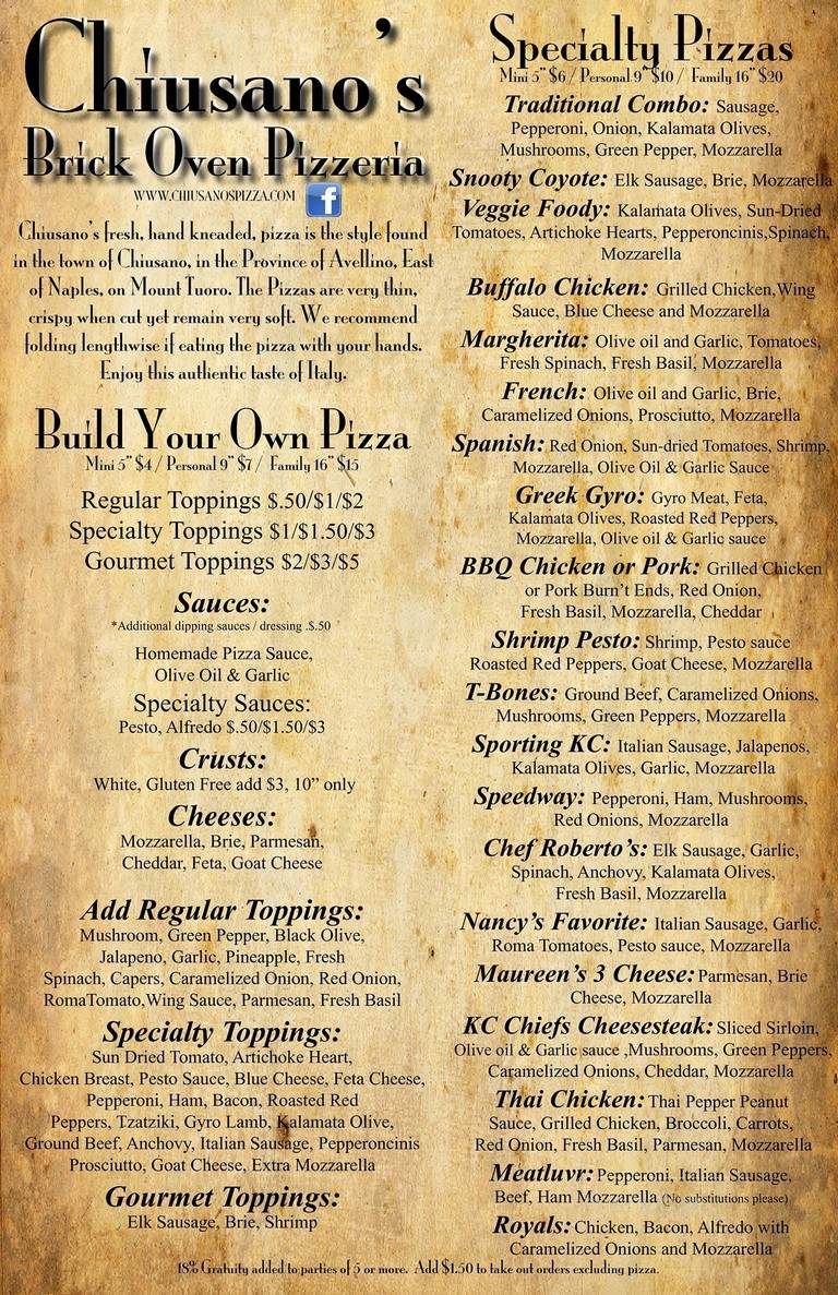 Chiusano's Brick Oven Pizzeria - Kansas City, KS menu_pic